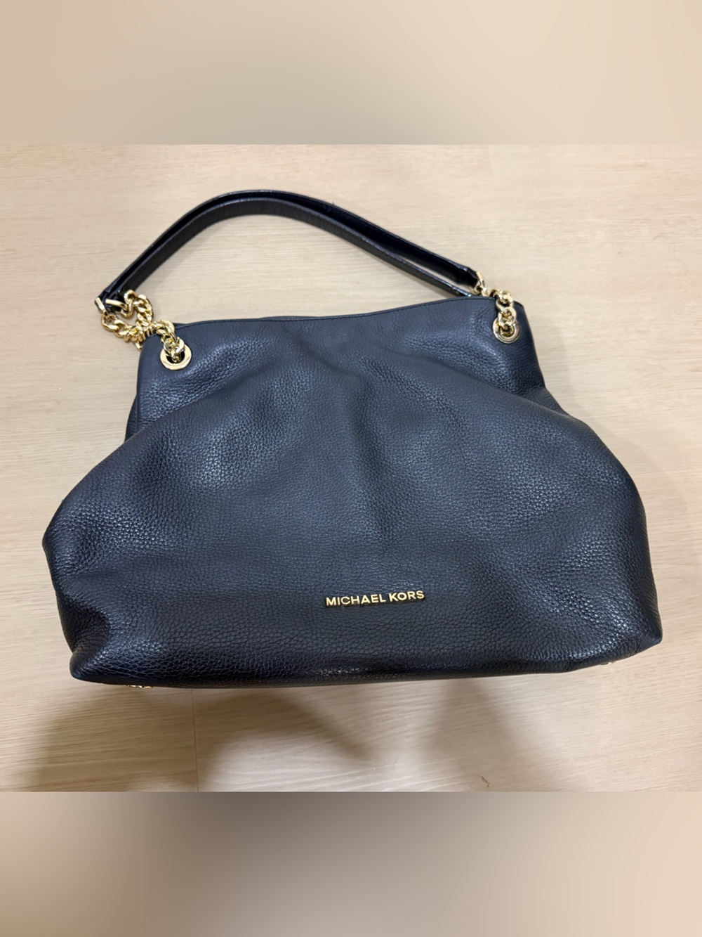 Michael Kors Black Pebbled Leather Shoulder Hobo with Gold Chain Detail